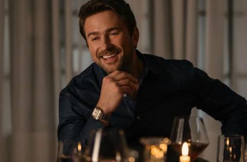 Brandon Sklenar as Andrew Winchester smiling at a dinner table in The Housemaid