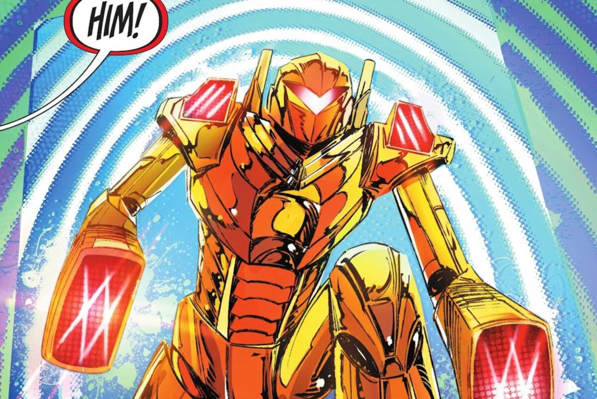 a giant gold robot attacks superman