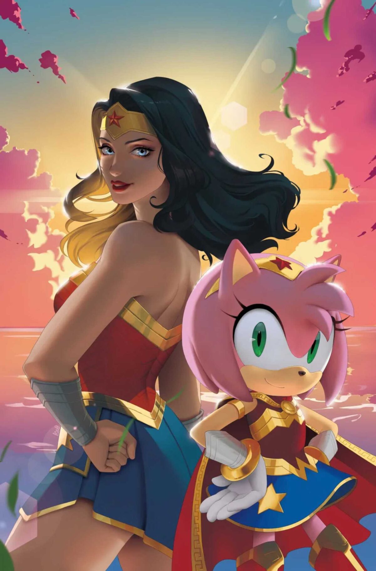 Sonic's Amy Rose dressed as Wonder Woman, while standing back to back with Wonder Woman herself.