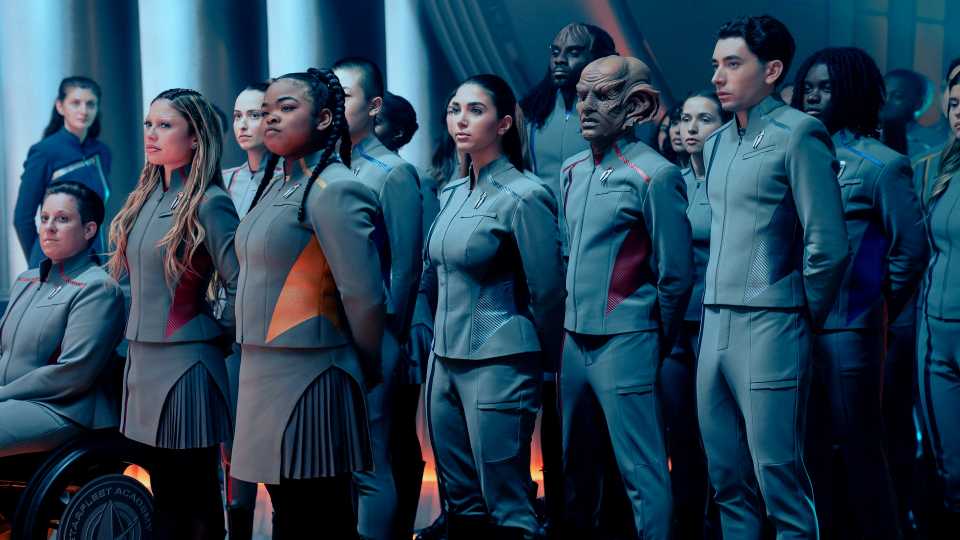 Cadets standing at attention in Star Trek: Starfleet Academy.