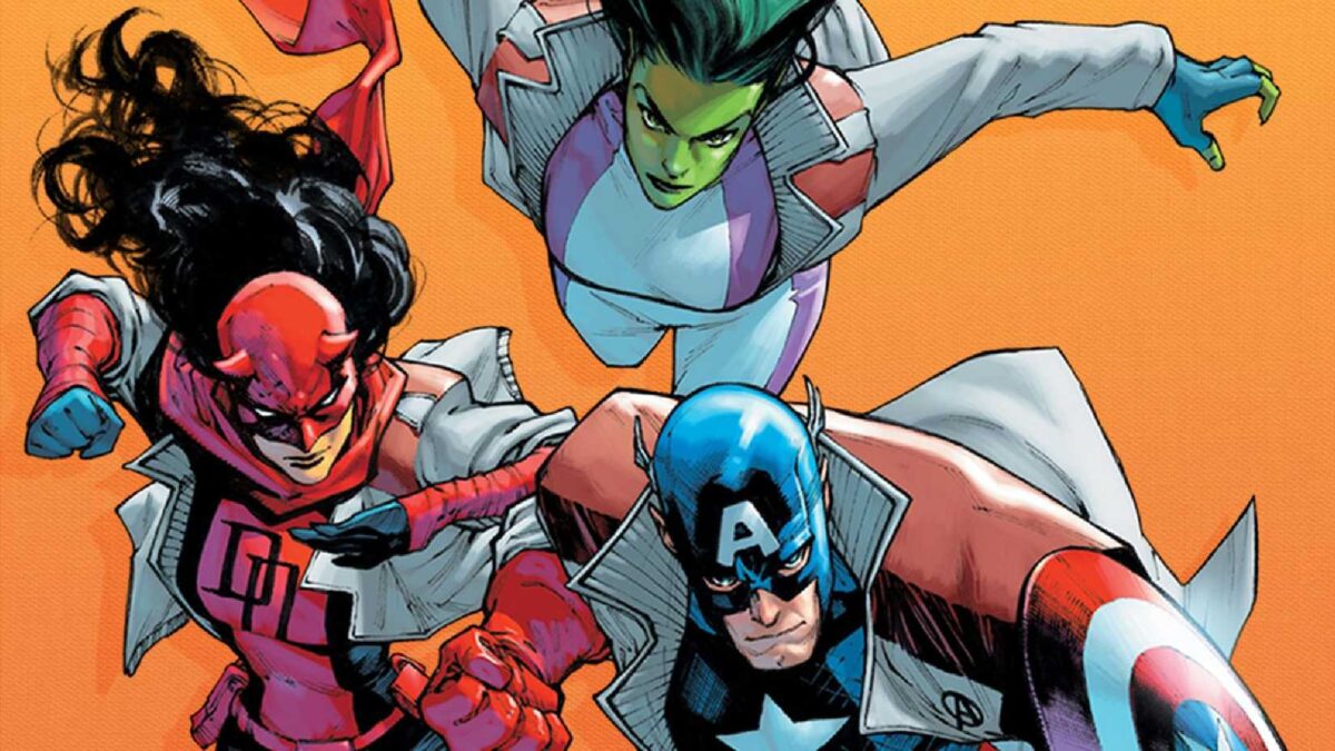 captain america, elektra and she-hulk wearing avengers jackets