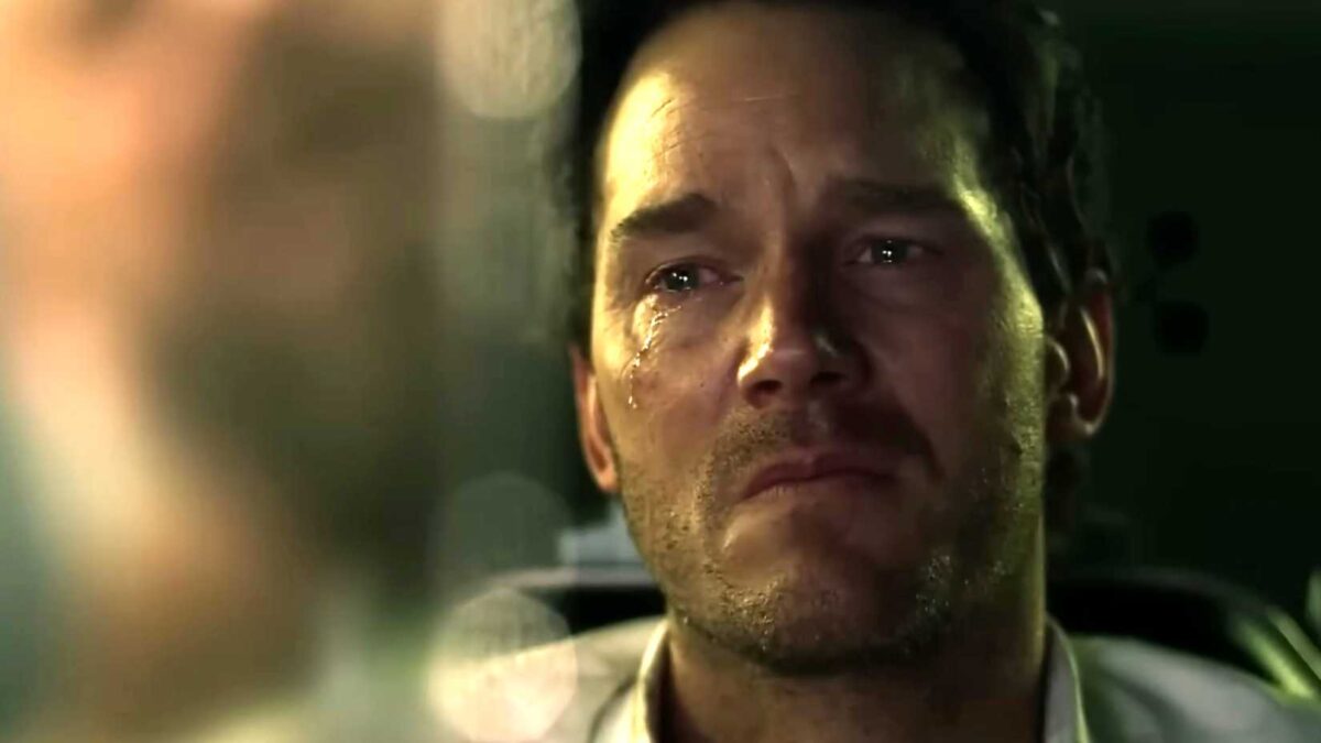 Chris Pratt's Raven crying while looking at something in a video in Mercy