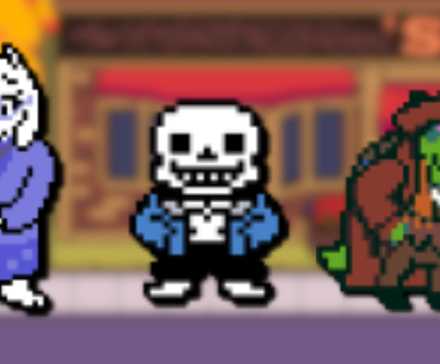 A collage of three Undertale characters who make cameos in Deltarune: Toriel, Sans and Gerson Boom.