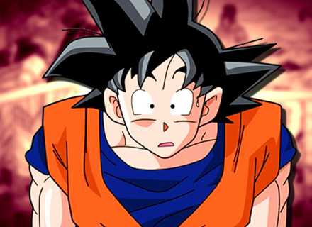 Dragon Ball's Goku stands dumbfounded with his mouth open in front of red-tinged manga panels.