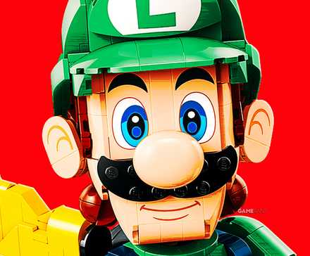 A composite image featuring a close-up of a smiling LEGO Luigi from the 72050 Luigi & Mach 8 LEGO set on a saturated red matching the Nintendo branding palette.
