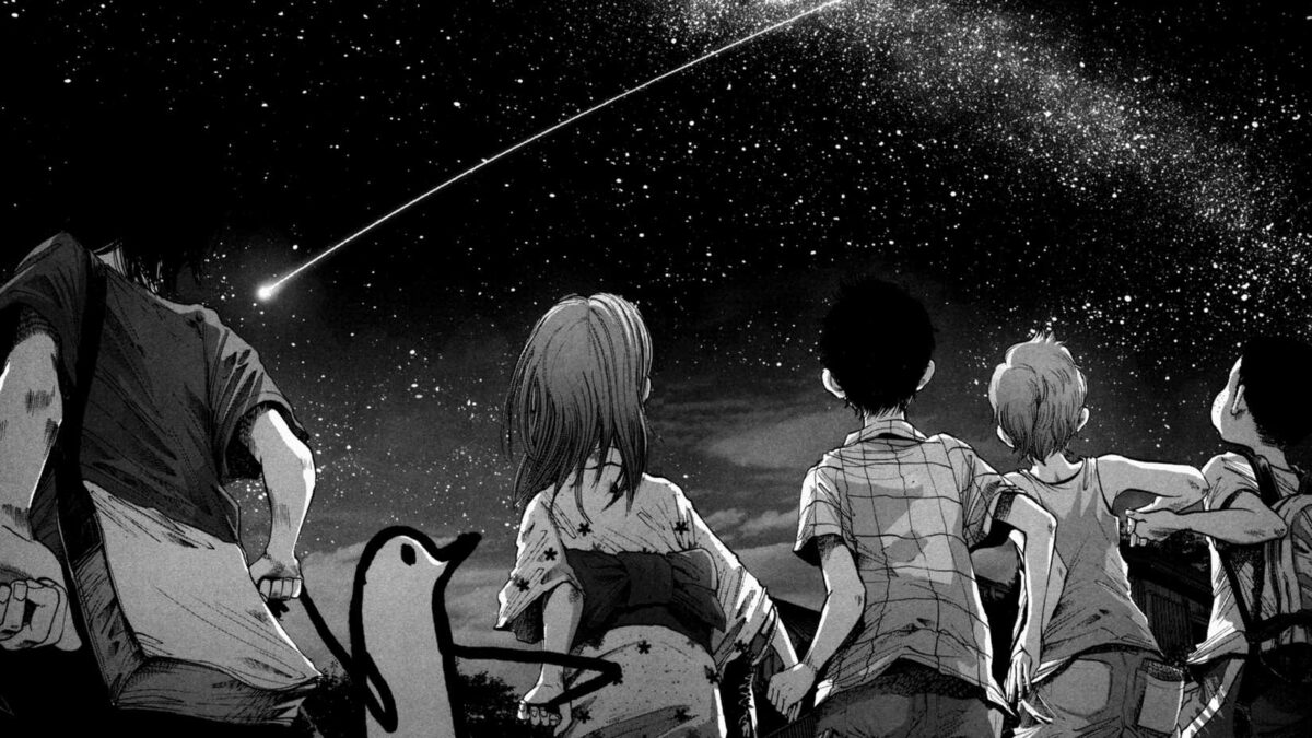 Punpun and friends holding hands and looking up at the stars in Goodnight Punpun.