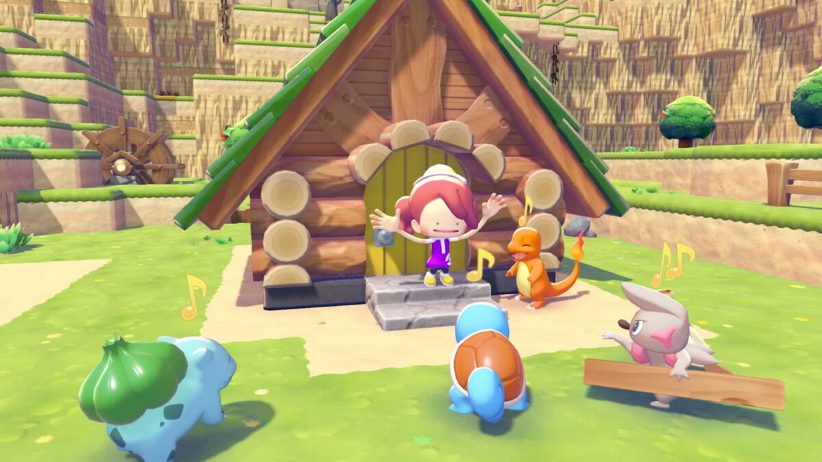 a building with pokemon cheering outside