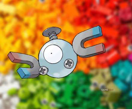 Pokemon Magnemite Over LEGO bricks blurred