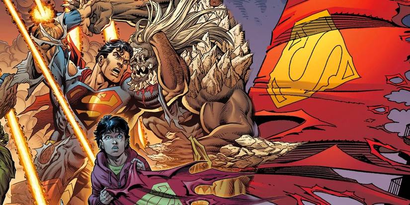 Comic book art: Superman and Doomsday fight behind young Jon Kent.