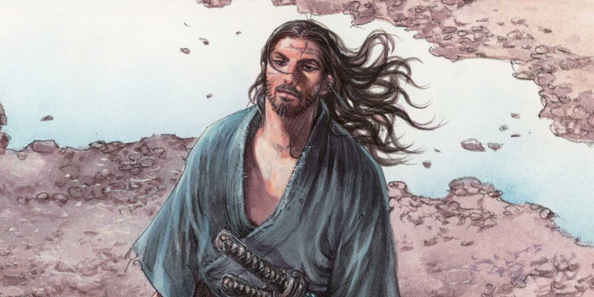 Vagabond's Miyamoto Musashi standing in a field with his hair blowing in his eyes.