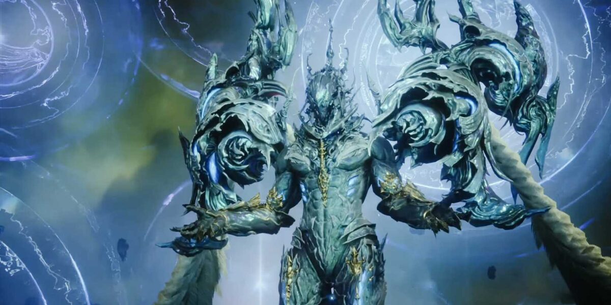 Ultima, an otherworldly being sporting crystalline armor, stands with arms outstretched. Magic ether swirls in the background.