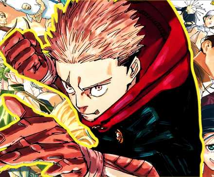 Yuji as seen in jujutsu kaisen with the cast of modulo in the background