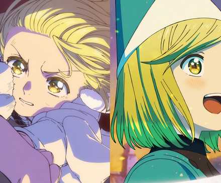 Two anime characters with intense expressions.