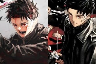 Anime character with red eyes and scars.