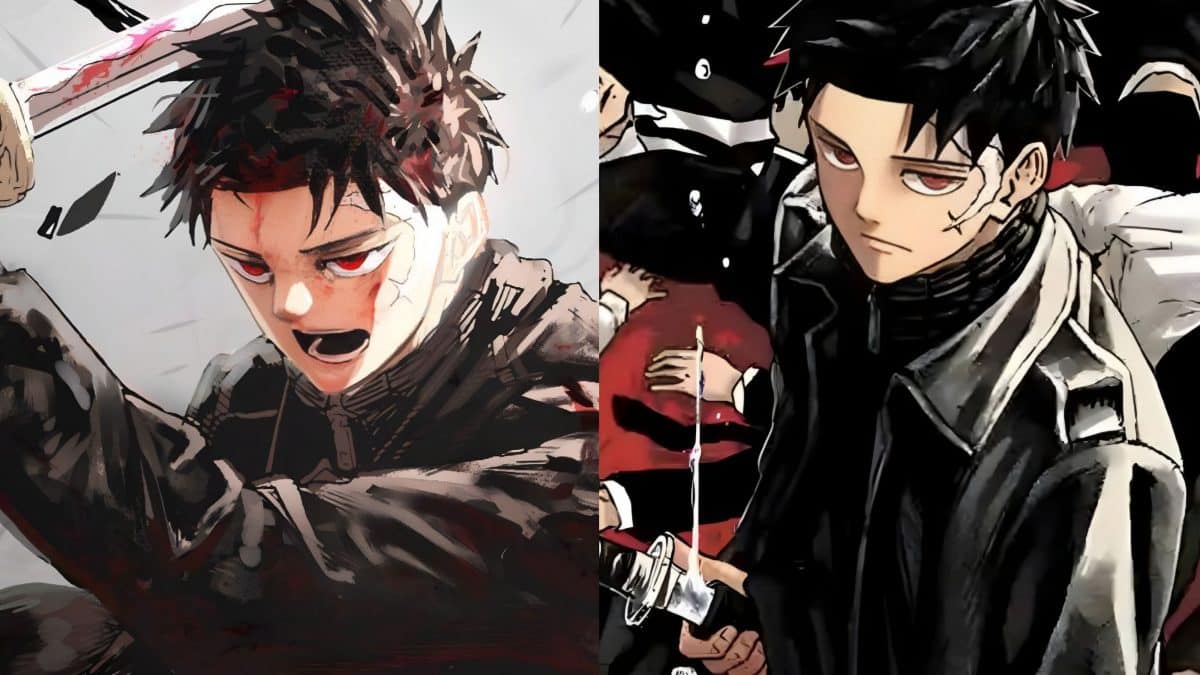 Anime character with red eyes and scars.