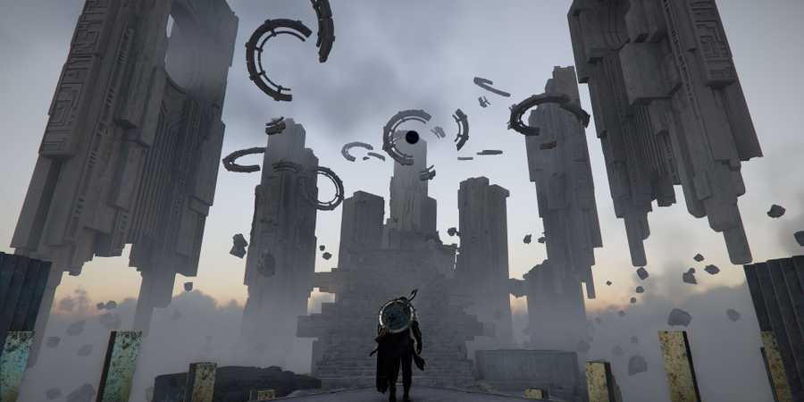 Futuristic structures with floating rings and figure.