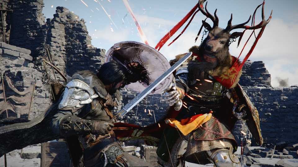 Knight battling antlered warrior in ruins.