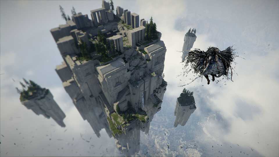 Floating architectural structures in a cloudy sky.