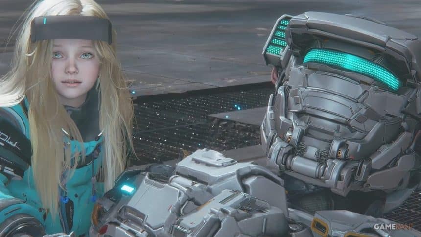 Blonde character with a futuristic armored figure.