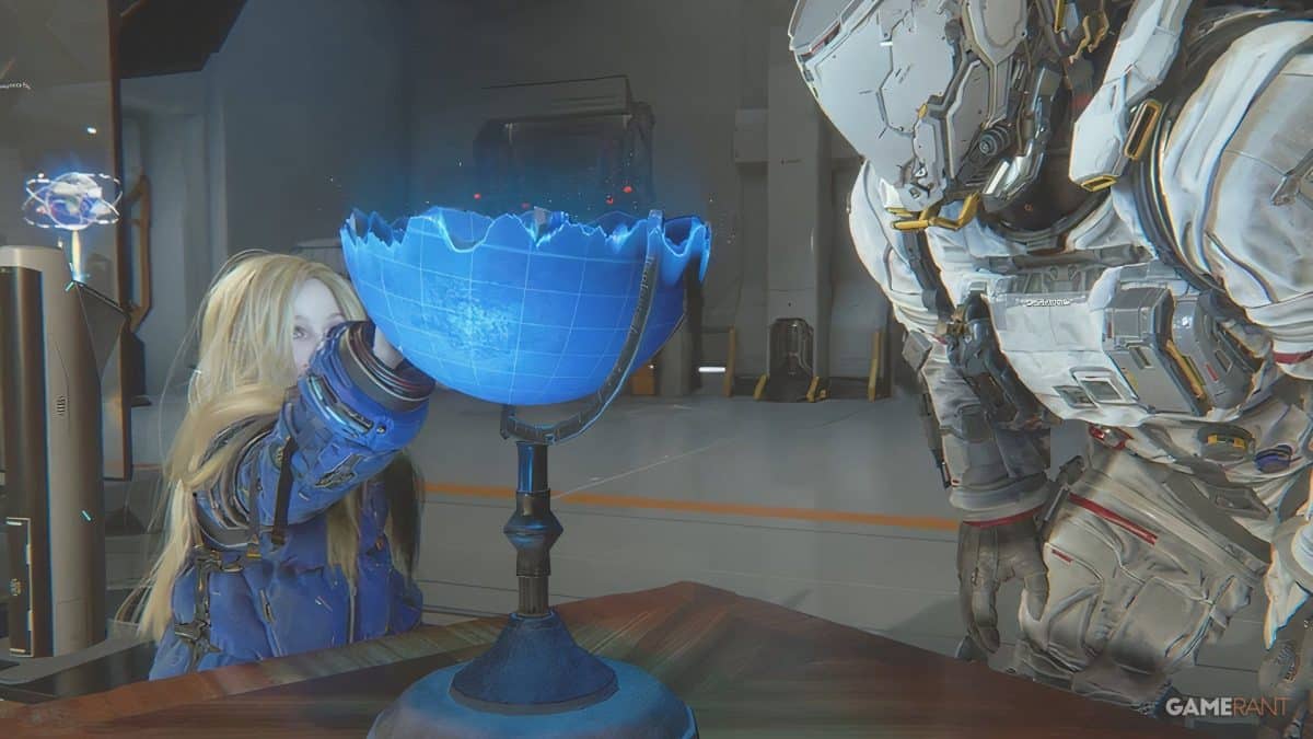 Futuristic scene with holographic globe and characters.