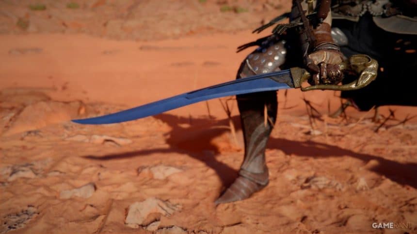 Character holding a blue curved sword.