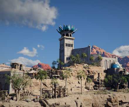 Desert fortress with a blue dome tower.