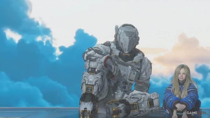 Robot and girl sitting against cloudy sky.