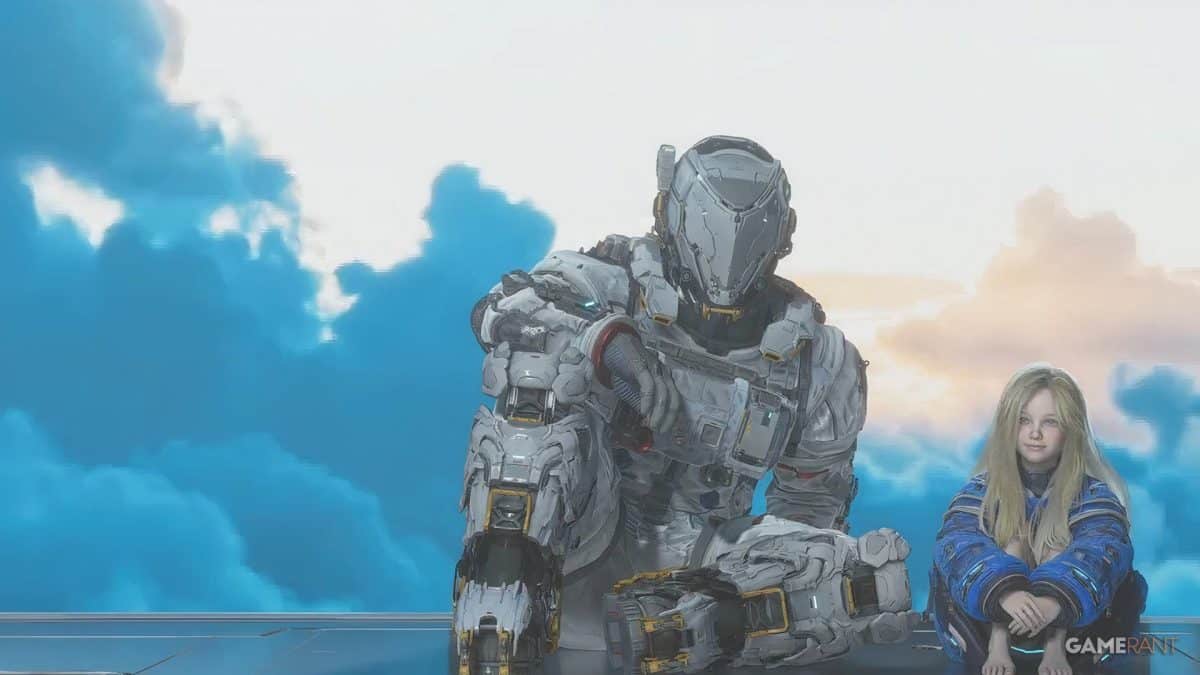 Robot and girl sitting against cloudy sky.