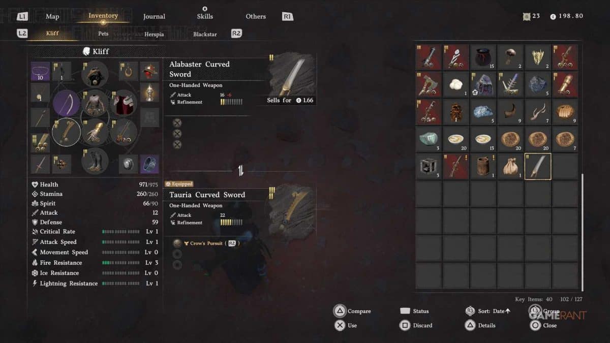 Video game inventory menu with swords and items.