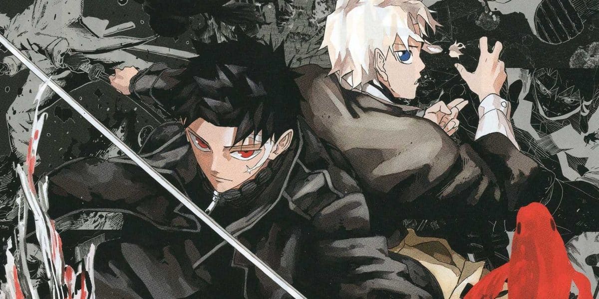 Two anime characters in dynamic action pose.