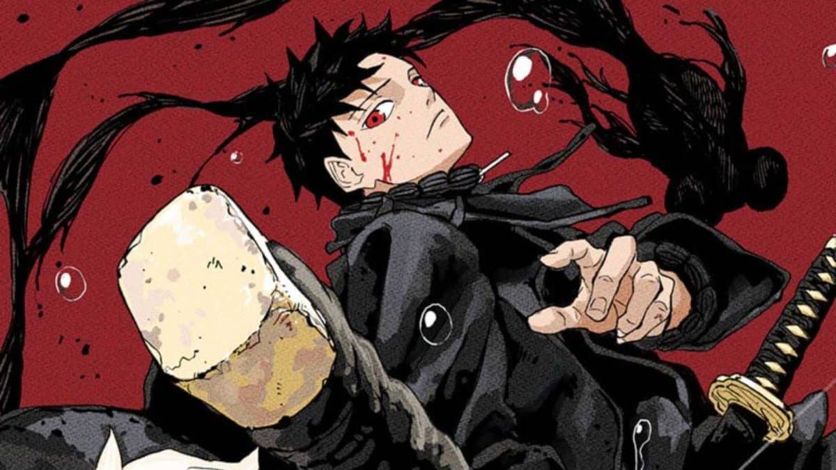 Anime character with black hair, red eyes.