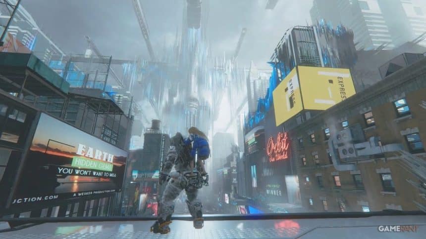 Futuristic cityscape with a person standing.