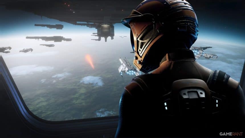 Astronaut views spaceships from spacecraft window.