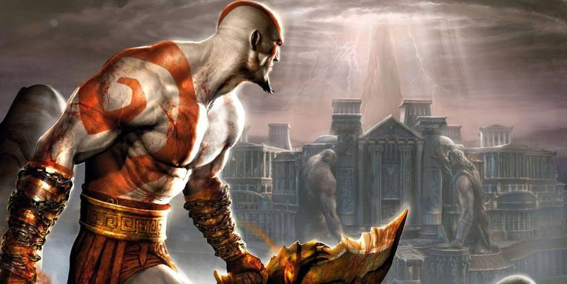 Kratos holding the Blades of Chaos as he looks upon Olympus in God of War