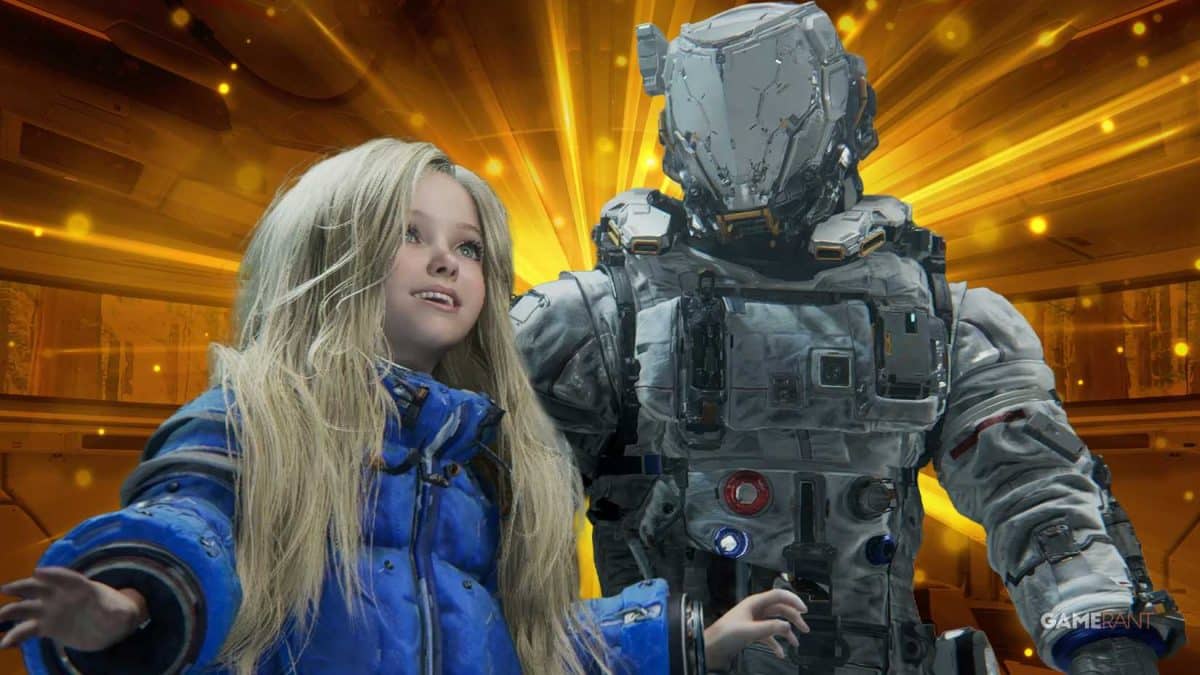 Girl and astronaut in futuristic setting.