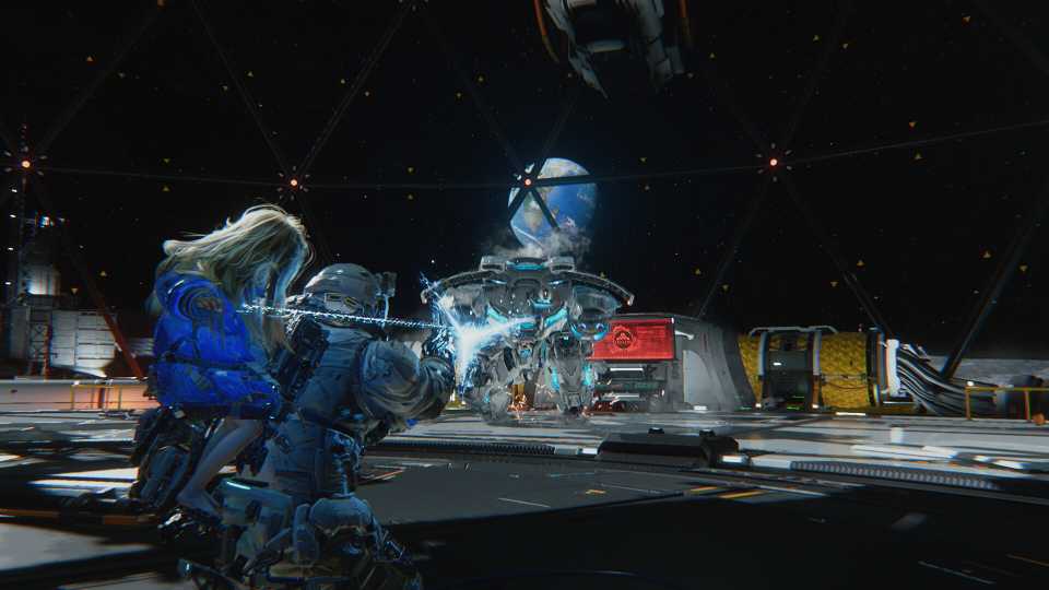 Astronauts battling alien robot in space station.