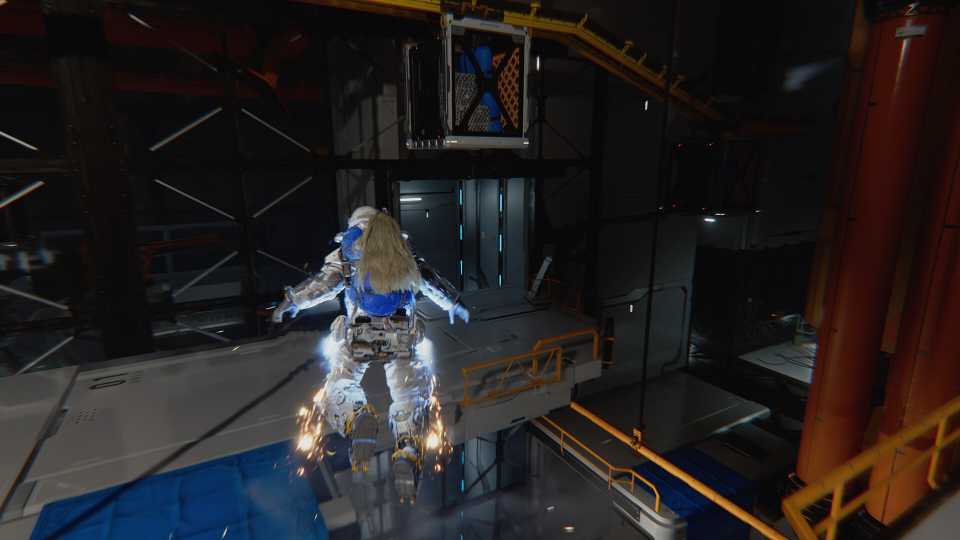 Futuristic armored figure flying indoors.