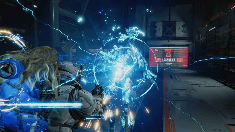 Futuristic battle scene with energy blasts.