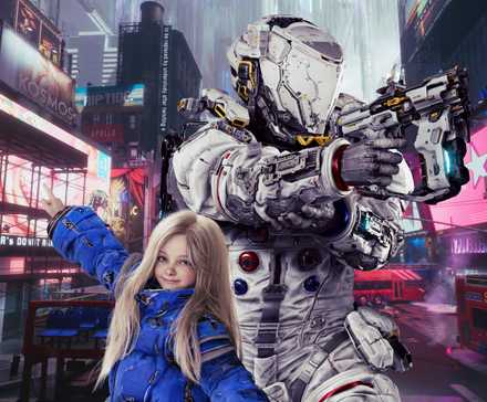 Child and armored figure in futuristic city.